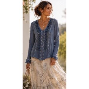 Vtg Y2K Pretty Angel Blue Cardigan Sweater Ruffles  Fairy  Coquette Whimsical L